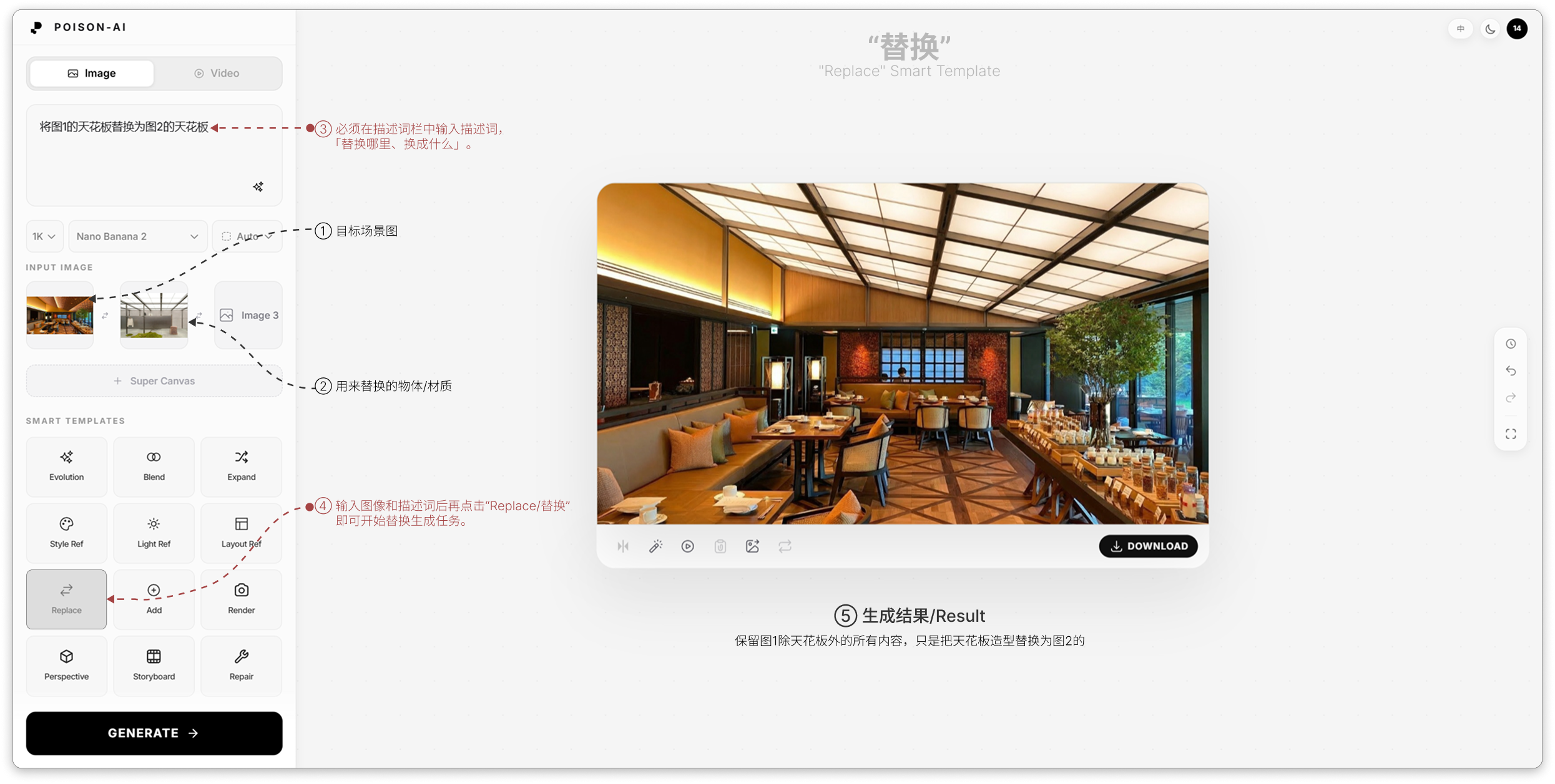 替换使用示意：主描述词与图像参考槽位